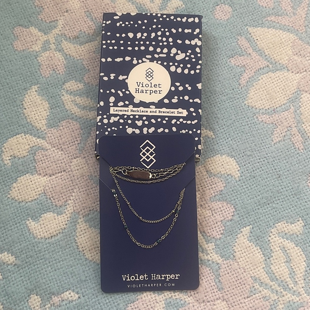 NEW 2-pc Violet Harper Silver  & Blue Bead Layered Necklace & Bracelet Set